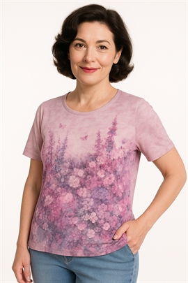 Mudflower T-shirt i lilla med små sten og blomster